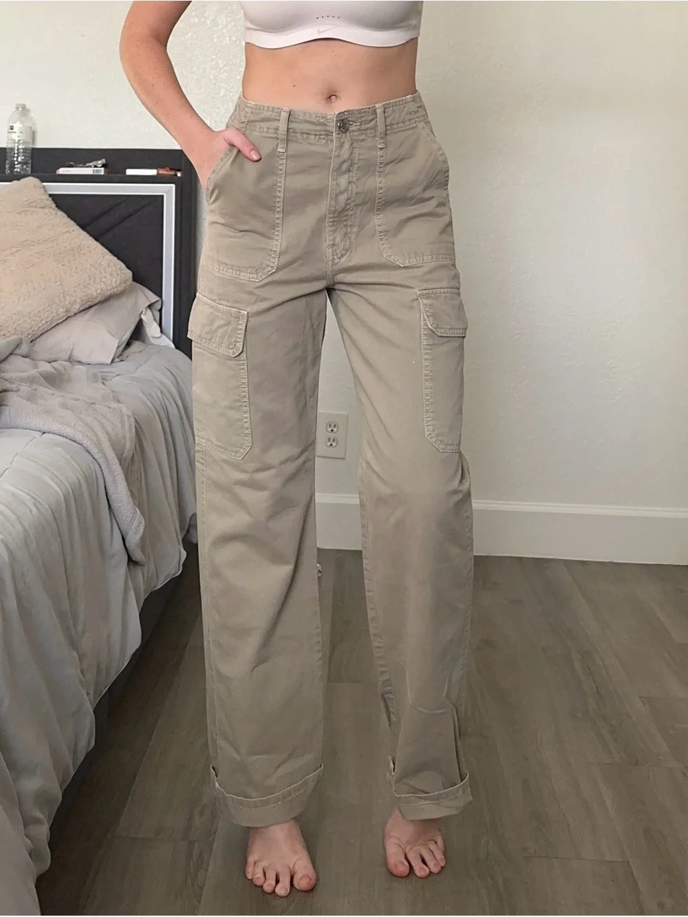 Zara Beige Cargo Wide-Leg Track Pants
